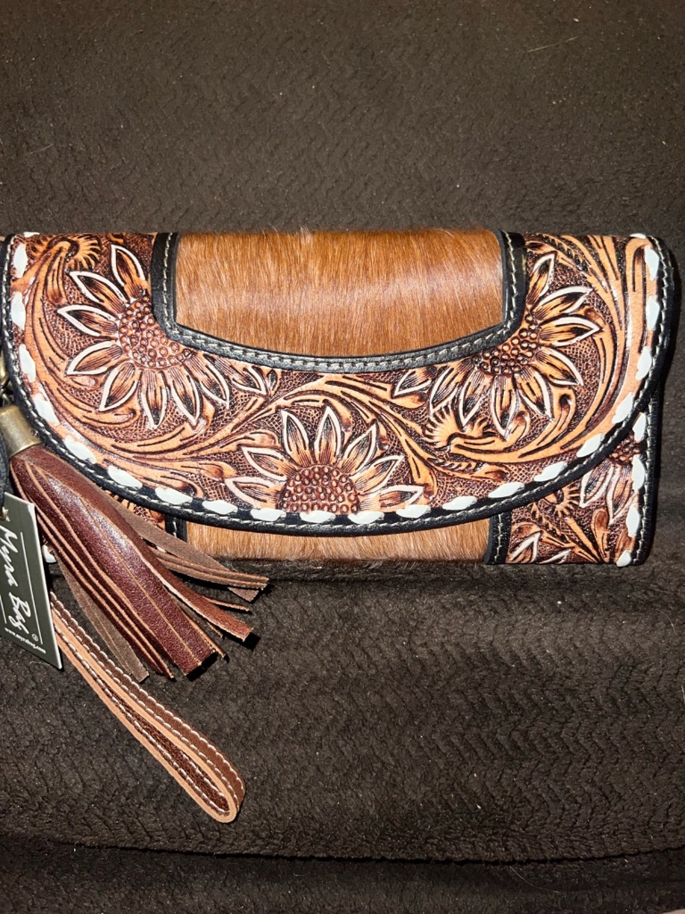 Myra Bag Brown Tooled Sunflower Wristlet Clutch